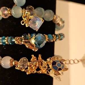 3 Aqua Glass, Crystal & Faux Pearls w/ Goldtone Accents Beaded Stretch Bracelet